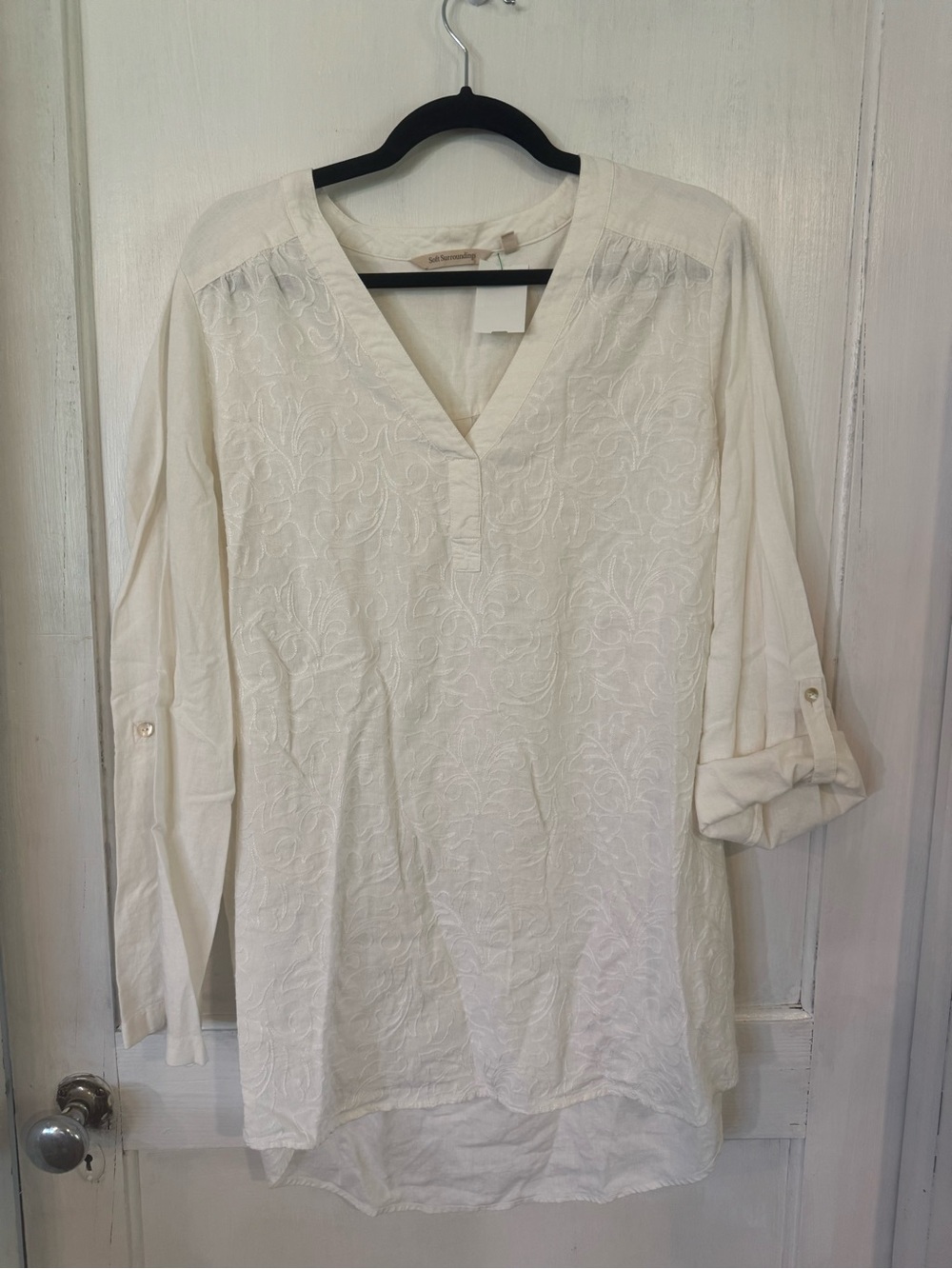 Soft Surroundings Cream Embroidered V-Neck Roll-Sleeve Tunic